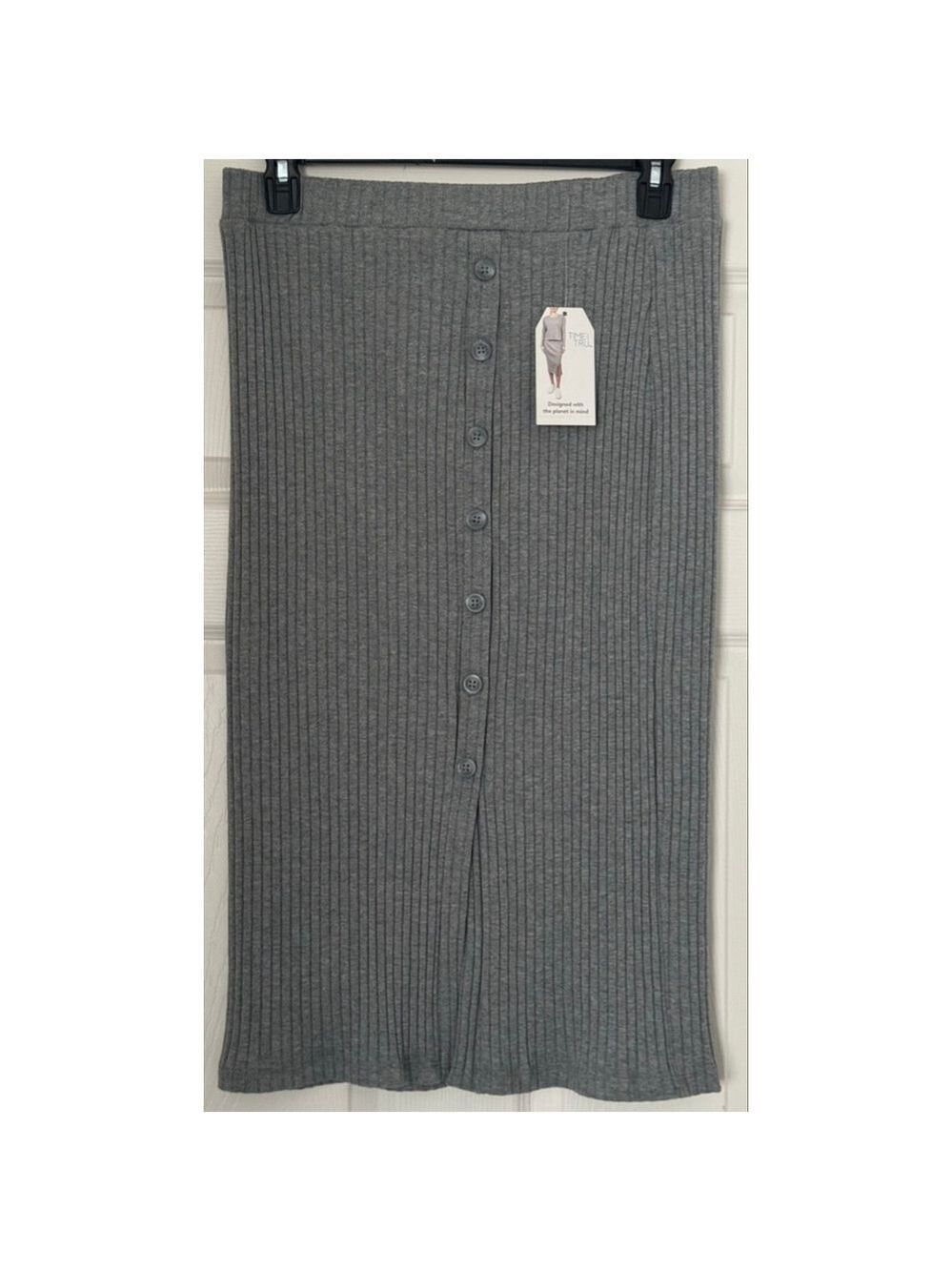 Women's Time and Tru Gray Ribbed Button-Front Midi Skirt L